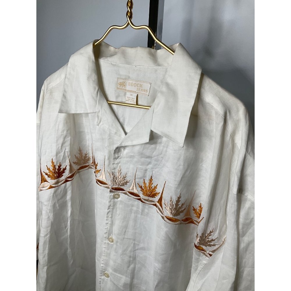 3xl Brock Jeans Beige Embroidered Leaf Linen Shirt Mens - Picture 7 of 7